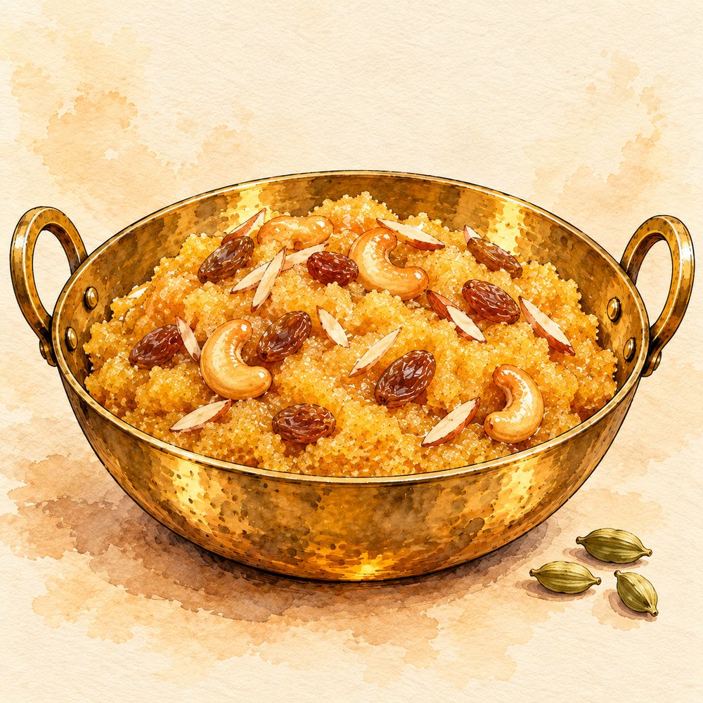Sooji halwa topped with cashews, raisins and almonds